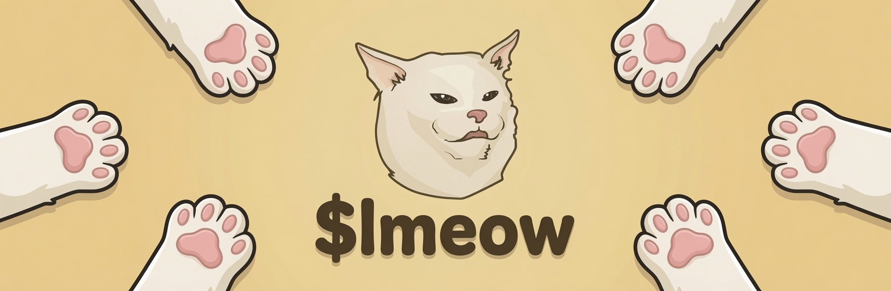 $LMEOW banner with cat mascot and paw illustrations